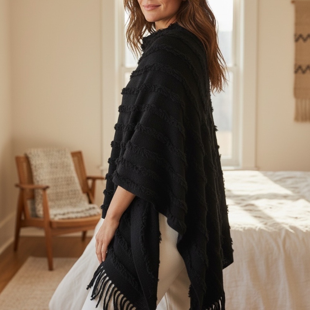 Jon & Anna Black Textured Shawl Poncho – Fringe Tassel Knit – One Size